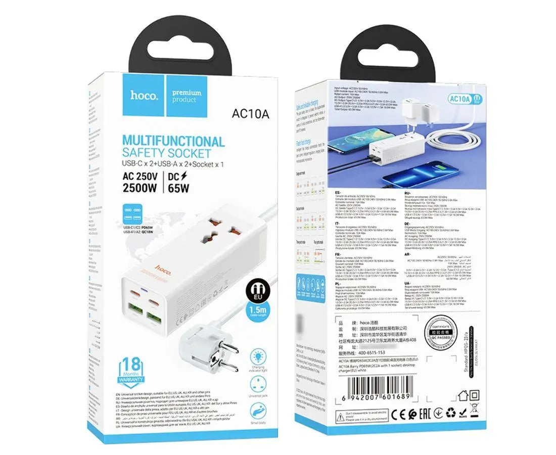 Hoco Power strip “AC10A Barry” PD65W GaN + QC3.0 + 1 socket EU