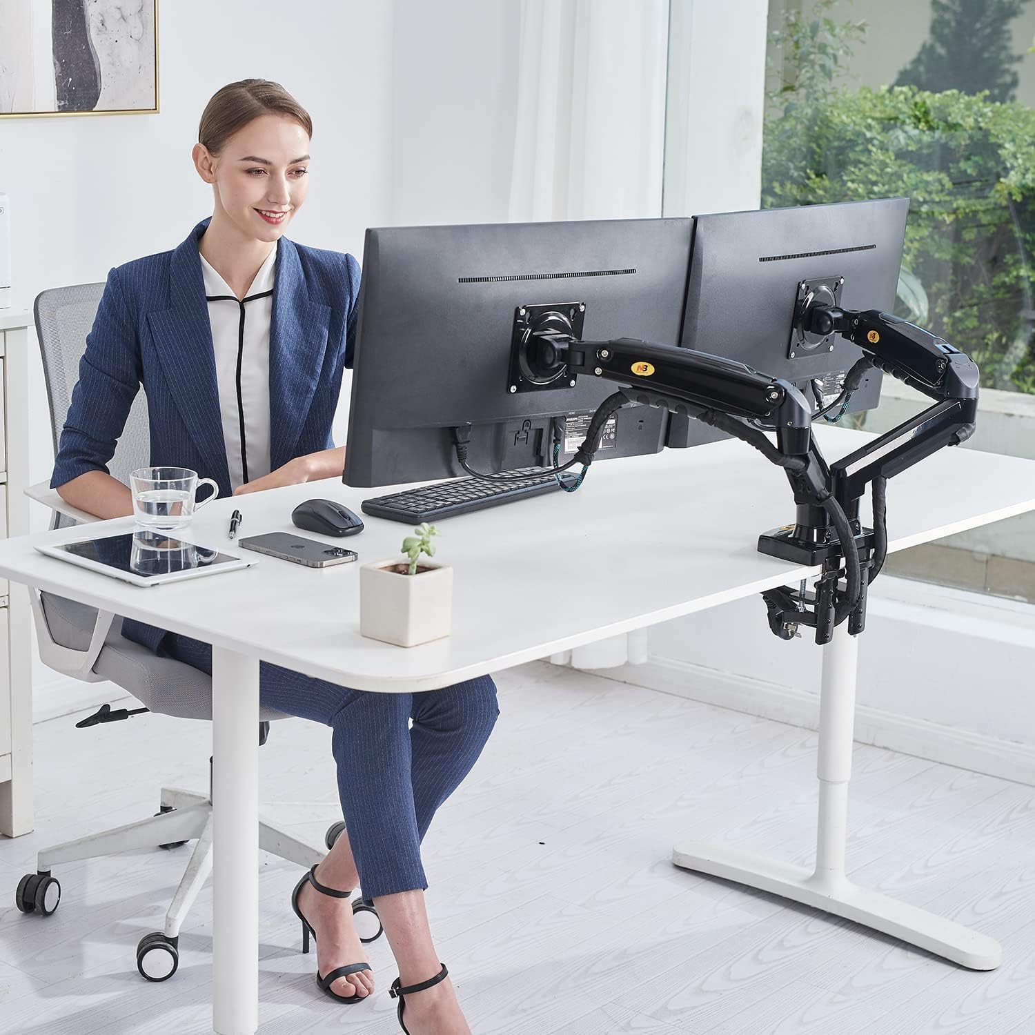 Dual Monitor Desk Mount Stand Gas Spring 360 Degree Full Rotation ; Computer Monitor Arm for Two Screens 17″ – 27″ Inch with 2~9 Kg Load Capacity for Each Display ;  F160