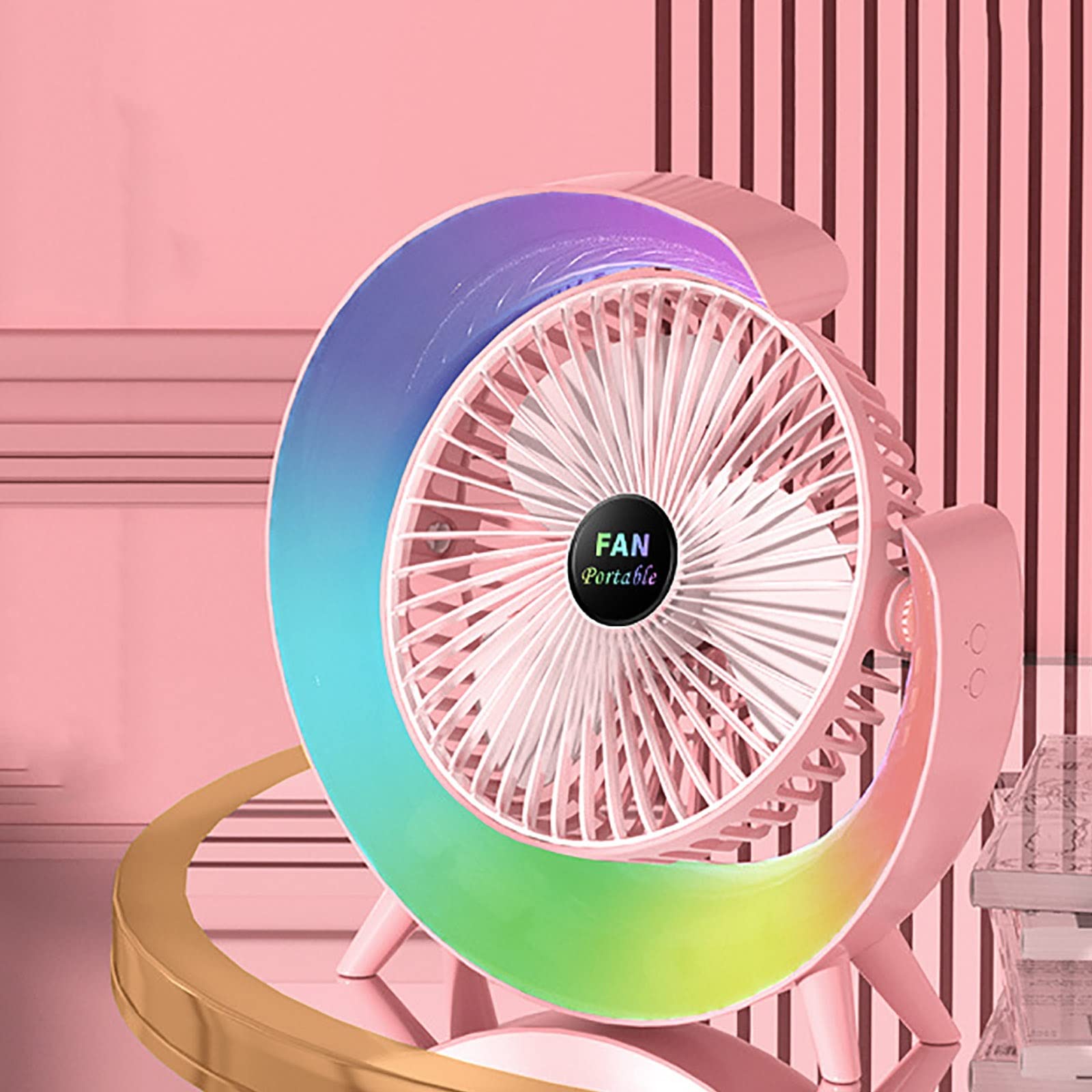 Multifunctional Colorful desktop small fan, portable floor mounted fan with light, USB charging personal fan, air circulation fan, 5-light, large capacity battery