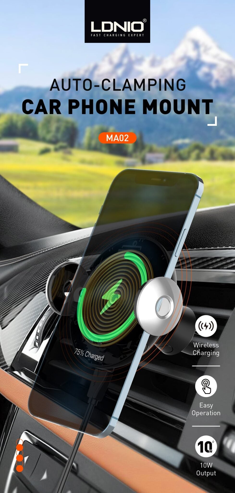 LDNIO 15W MA02 Adjustable Car Wireless Car Holder for Mobile Phone Wireless Charging Type-c Car Wireless Charger stand