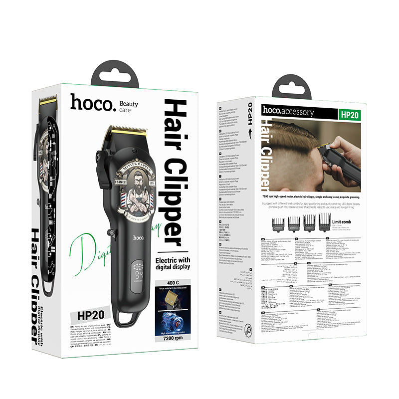 HOCO HP20 Professional Digital Hair Clipper Cordless Hair Care Rechargeable Hair Trimmer with 4 Guide Combs, LED Display, 4 Hours Hours Working Time and Steel Blade