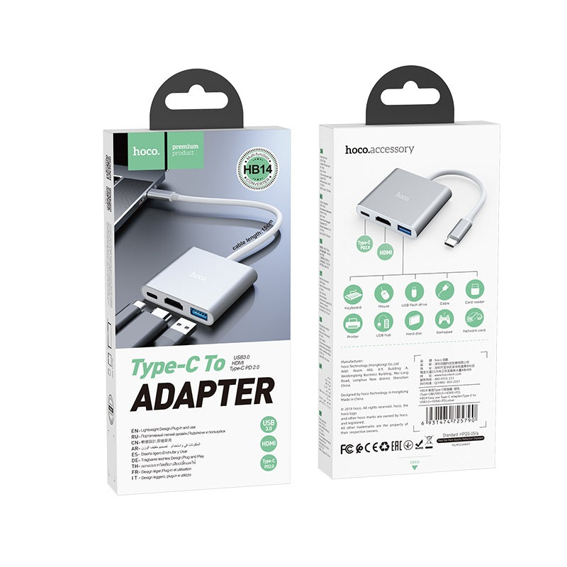 Hoco HB14 Easy use Type-C hub USB3.0 + HDMI + PD – Silver