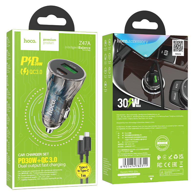 Hoco Car charger “Z47A Transparent Discovery Edition” PD30W+QC3.0 set