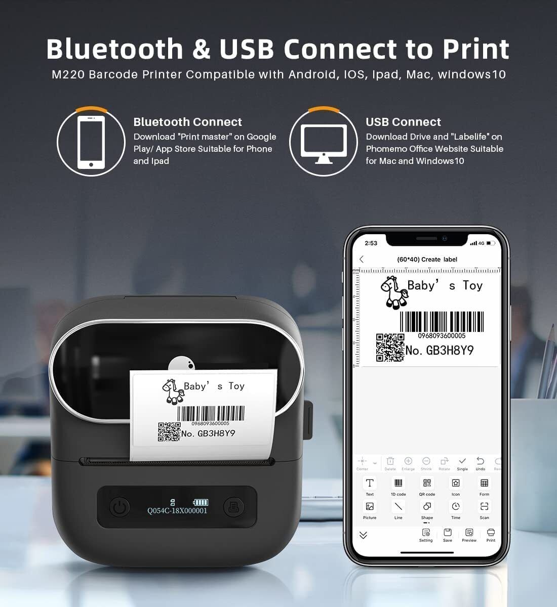 Phomemo M220 Label Maker Bluetooth Thermal Label Printer